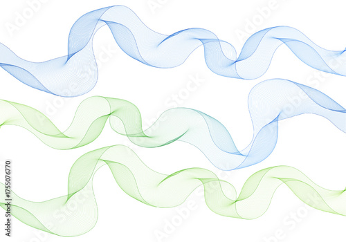 Three parallel mesh waves of blue and green colors on white. Eps 10