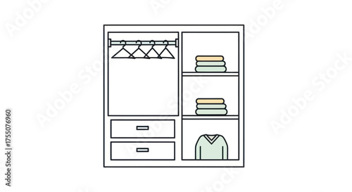 Simple line art illustration of an open organized wardrobe with clothes hangers and drawers.