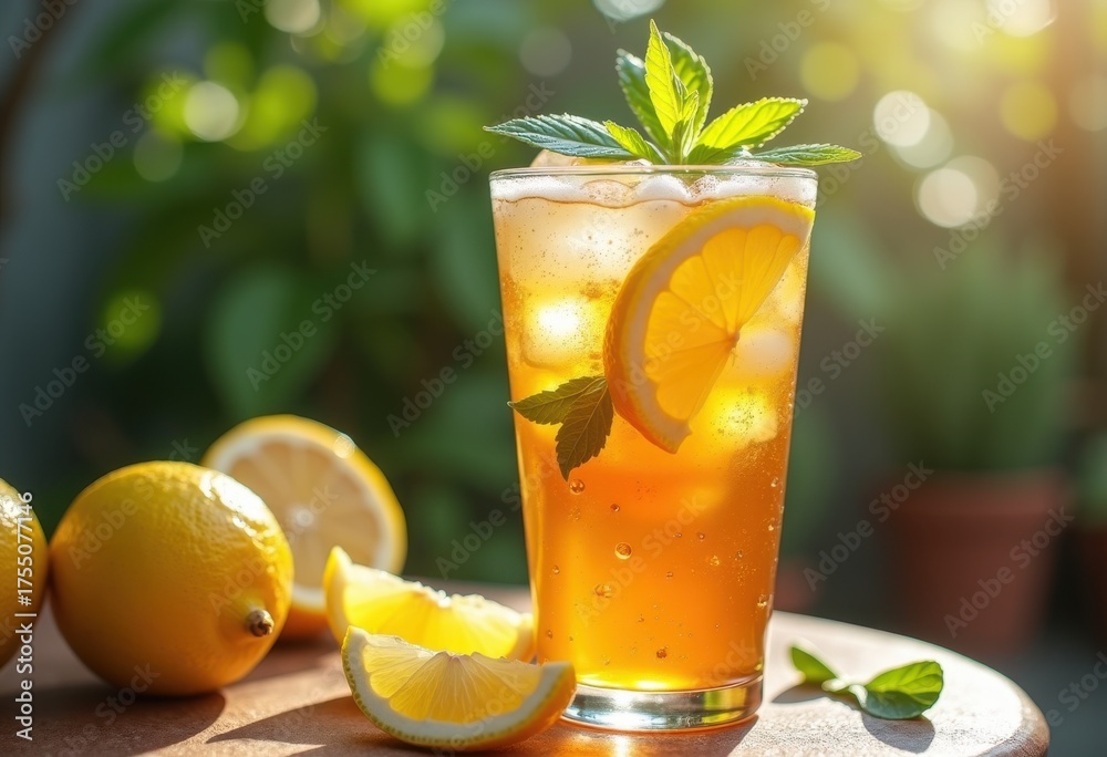 Fototapeta premium Refreshing Iced Tea Drink with Bright Lemon and aromatic Herbs Perfect for Cool Beverages and Summer Chill Sessions