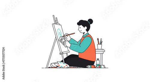 Illustrated Woman Artist Painting on Easel with Paintbrush.