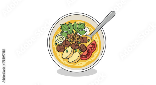 Cartoon illustration of a savory bowl of traditional Asian meat soup with beef tomatoes and fresh herbs.