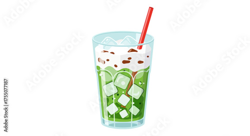 Refreshing Green Iced Beverage with Creamy Topping and Ice Cubes.