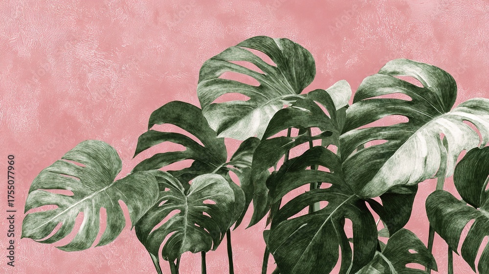 Obraz premium A close-up of a green plant on a pink background with a pink wall in the background