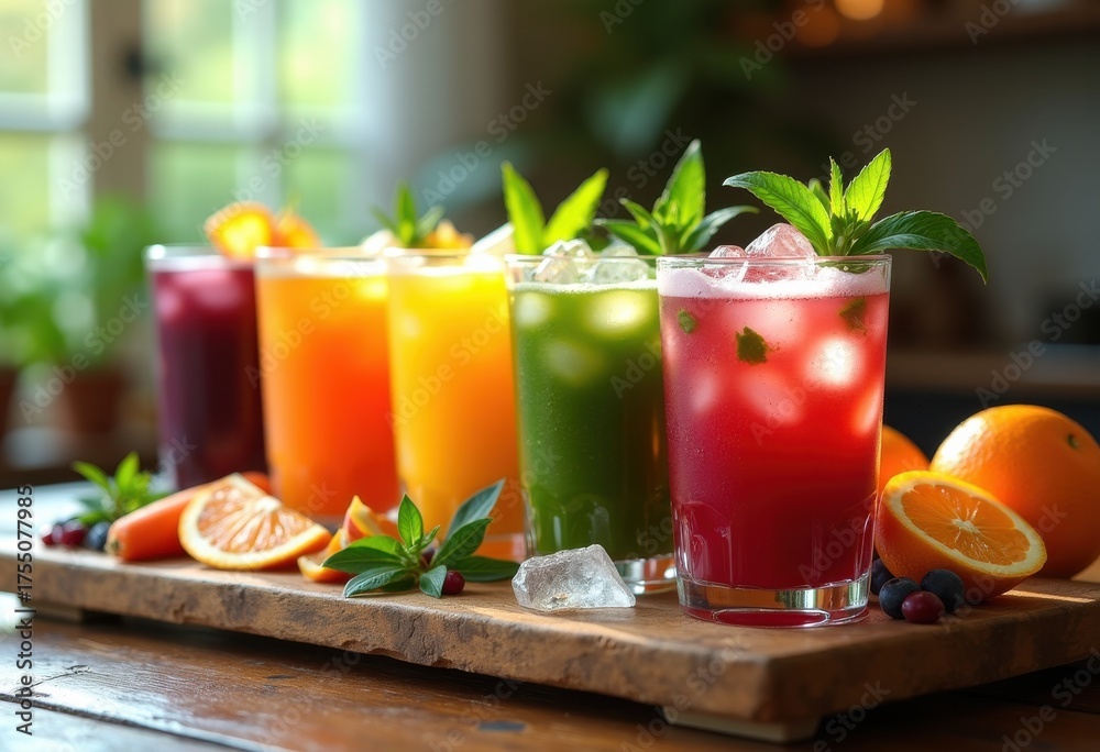 Fototapeta premium Rustic Wooden Tray Displaying Assorted Juice Shots in Vibrant Colors Fresh Ingredients Healthy Living Refreshing Beverages