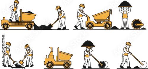 Electricians and maintenance workers silhouette set installing fire exit signs and emergency lighting using a drill and ladder, black vector illustration for building safety