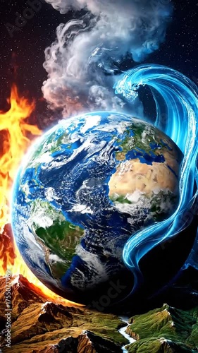 Planet earth surrounded by fire and water conceptual digital illustration