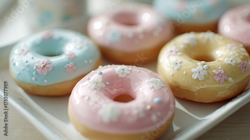   Close-up of tray of doughnuts with frosting and sprinkles