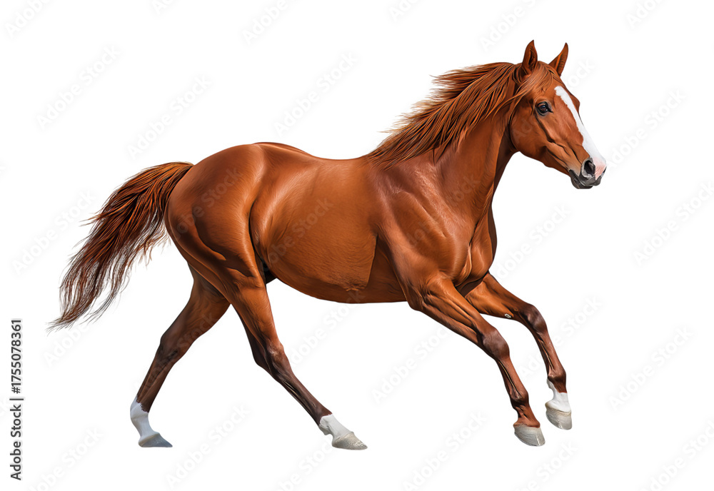 Fototapeta premium Chestnut horse galloping full body isolated on a transparent background