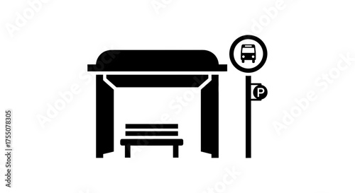 Illustration of a bus stop with a bench and a bus stop sign