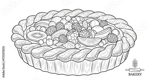 Hand drawn fruit tart with kiwi, berries, and banana