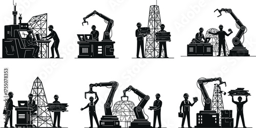 Landscaping and garden construction workers silhouette set planting trees, shoveling dirt, and building stone walls, black vector illustration for gardening, earthworks
