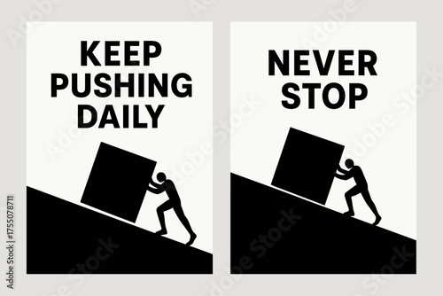 Keep Pushing Banners. Motivation. Two vertical A6 banners with safe margins, centered composition, no elements touching edges, flat vector design, black and