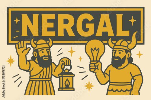 Nergal Banner Illustration. Ancient Nergal banner, flat vector illustration, bold oversized text inside rectangular frame, cartoon characters standing and