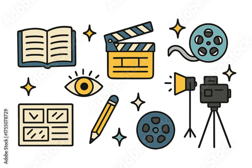 Cinematic Doodle Icons. Cinematic Vision. Hand-drawn doodle illustration notebook (colored), eye (colored), clapperboard (colored), sparkle, star, film reel