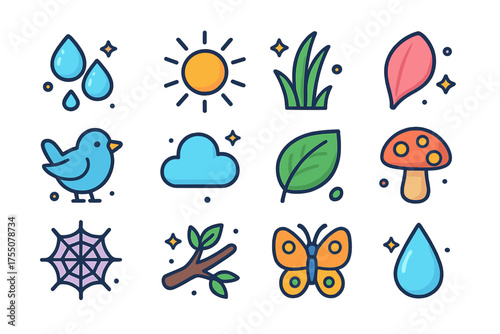 Colorful Morning Icons. Early Morning. Colorful isometric vector icons set of early morning: dew drops, sun, grass blade, flower petal, bird, cloud, leaf,