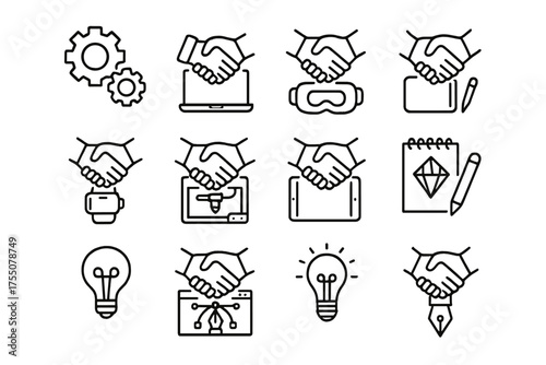 Tech Innovation Icons. Tech innovation partnerships. Line icon set of Tech innovation partnerships: gears, laptop, VR headset, smartwatch, 3D printer, tablet,