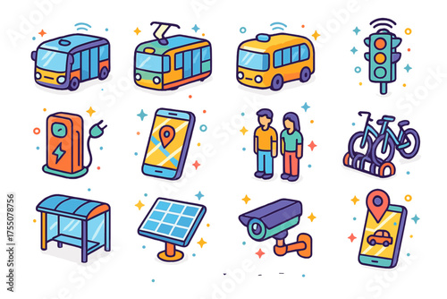 Autonomous Transport Icons. Autonomous Public Transport. Colorful isometric vector icons set of autonomous public transport: self-driving bus, autonomous tram,