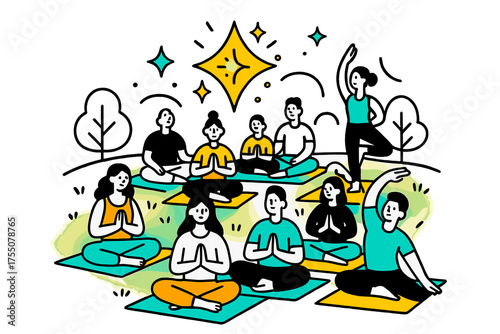 Mindful Festivity Vibes. Festival Flow. A glowing crowd on colorful yoga mats in a park, abstract floating spark and star icons symbolizing community and