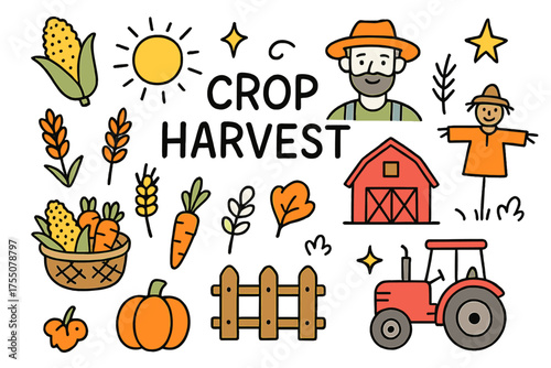 Colorful Farm Harvest. Crop Harvest. Hand-drawn doodle illustration crops (colored), farmer (colored), basket, tractor, barn (colored), sun, sparkle, scarecrow
