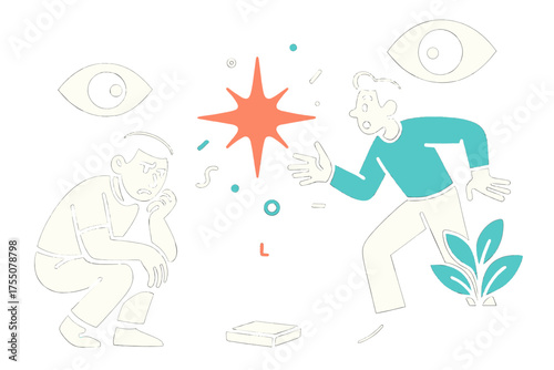 Curiosity Sparks. Hidden Corners. A glowing dark room with partially visible objects, abstract floating spark and eye icons symbolizing curiosity and doubt.