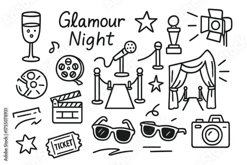 Glamour Night Icons. Glamour night. Hand-drawn doodle illustration glamour night champagne glass, star, trophy, red carpet, microphone, spotlight, curtain,