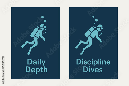 Deep-Sea Diving Banners. Deep-sea diving. Two vertical A6 banners with safe margins, centered composition, no elements touching edges, aquatic minimal style,
