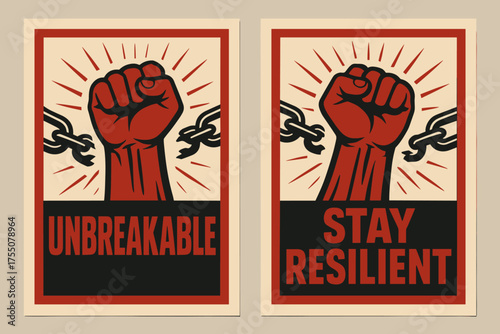 Unbreakable Resilience. Strength. Two vertical A6 banners with safe margins, centered composition, no elements touching edges, bold style, red and beige,