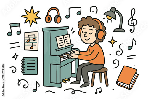 Colorful Pianist Doodle. Creative Pianist. Hand-drawn doodle illustration person at piano (colored), sheet music (colored), headphones (colored), sparkle,