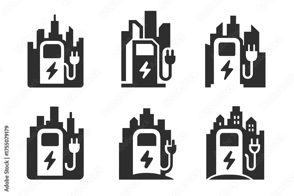 Fototapeta premium Electric Mobility Logos. Alternative Urban Mobility Systems Using Electric Vehicles. Set Logo of Alternative Urban Mobility Systems Using Electric Vehicles: