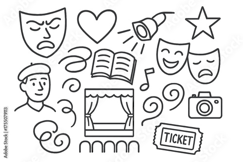 Artistic Expression Icons. Artistic expression. Hand-drawn doodle illustration artistic expression mask, heart, star, actor, book, comedy mask, tragedy mask,