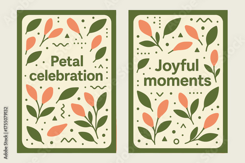 Petal Celebration Banners. Petal celebration. Two vertical A6 banners with safe margins, centered composition, no elements touching edges, memphis, olive green