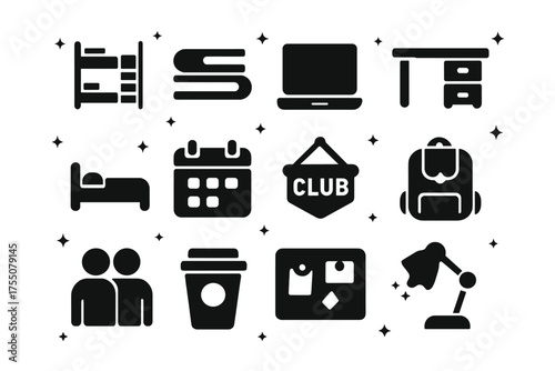 College Life Icons. College Life. Solid icons set of College Life: dorm room, books, laptop, desk, bed, calendar, club sign, backpack, friends, coffee cup,