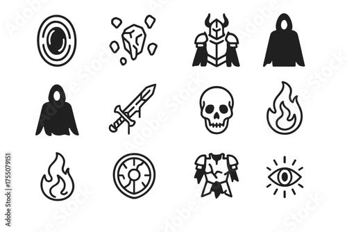 Void Abyss Icons. Void abyss. Line icon set of Void abyss: void portal, floating rocks, dark knight, shadowy figure, cursed sword, skull, eerie flame, cracked