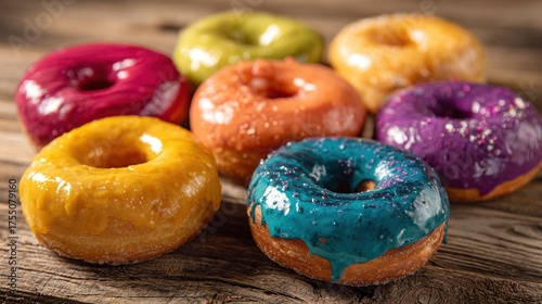   Sprinkle-topped doughnuts atop wood table