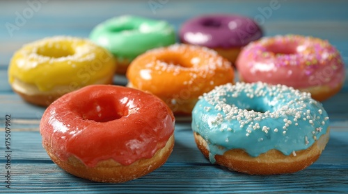   Doughnuts atop wooden table with frosting, sprinkles
