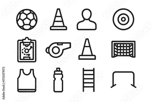 Soccer Passing Drills Icons. Passing drills. Line icon set of Passing drills: soccer ball, passing cone, teammate silhouette, target marker, coach clipboard,
