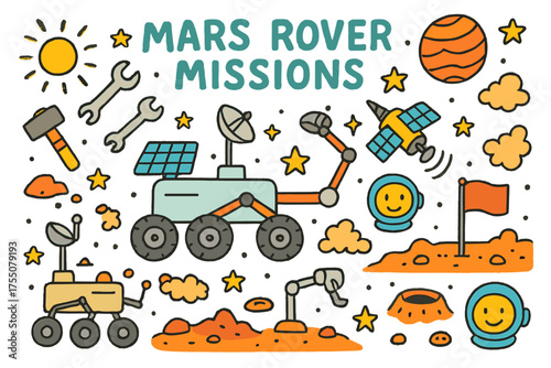 Colorful Mars Rover Doodle. Mars Rover Missions. Colorful Hand-drawn doodle Children illustration Mars rover, robot arm, wheels, solar panels, antenna, Martian