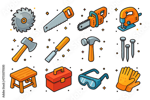 Woodcutting Icon Set. Wood Cutting Tools. Colorful isometric vector icons set of wood cutting tools: circular saw blade, hand saw, chainsaw, jigsaw, axe,