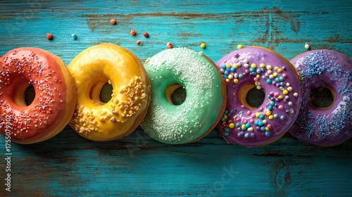   Blue wooden surface sprinkled doughnuts