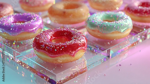   A detailed image of a tray filled with doughnuts adorned in frosting and sprinkles, positioned atop a table