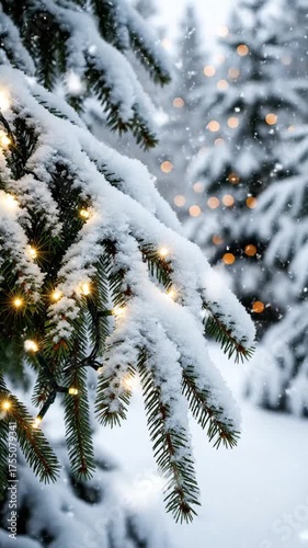 Snow covered evergreen branches with festive lights during winter