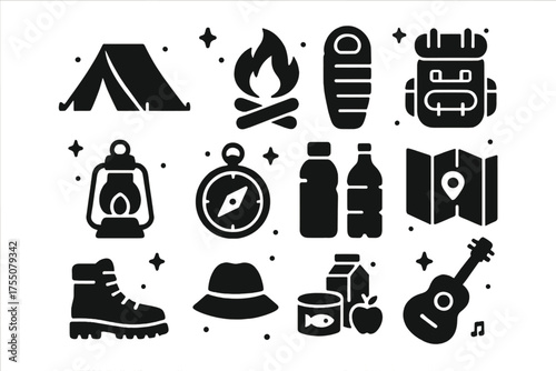 Camping Essentials Icons. Camping Essentials. Solid icons set of Camping Essentials: tent, campfire, sleeping bag, backpack, lantern, compass, water bottle,