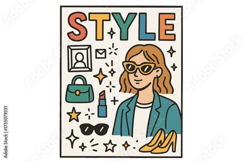 Fashion Doodle Editorial. Editorial Layout. Hand-drawn doodle illustration magazine (colored), bold letters (colored), model, frame, sparkle, handbag, star,