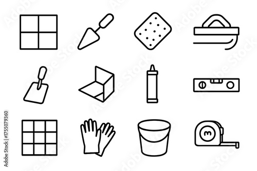 Tile Finishing Icons. Tile finishing. Line icon set of Tile finishing: grout line, trowel, sponge, float, scraper, corner tile, adhesive tube, level, bucket,