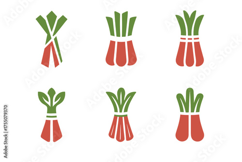 Rhubarb Logo Variations. Rhubarb. Set Logo of Rhubarb: bundle of stalks tied. harmonious logo variations of the same emblematic concept, each with different