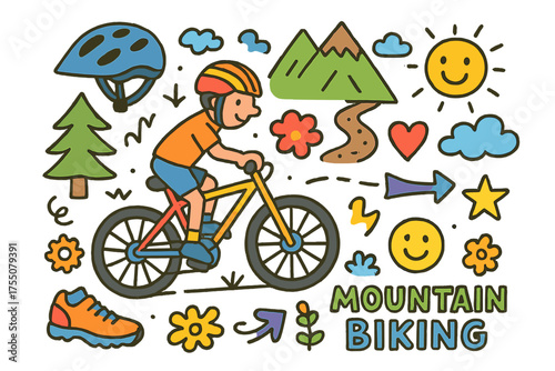 Colorful Mountain Biking Doodles. Mountain Biking. Colorful Hand-drawn doodle Children illustration mountain bike, helmet, mountain, tree, sun, cloud, star,