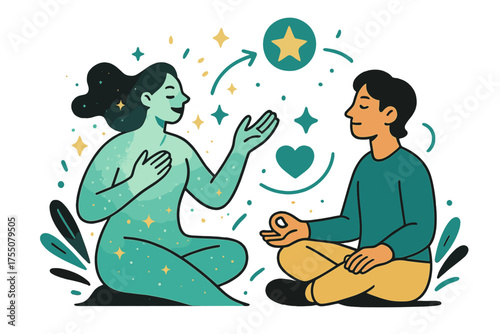 Mindful Meditation Glow. Mindfulness session. Glowing therapist guiding meditation with client seated calmly, sparkles surrounding. Floating icons of sparkle,