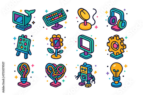 Recycled Tech Icon Set. Recycled Tech Art. Colorful isometric vector icons set of recycled art sculptures made from old tech gadgets: computer monitor,
