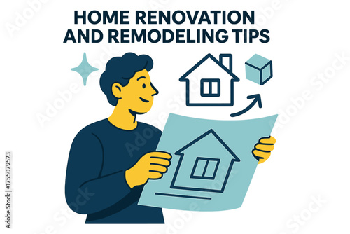 Home Renovation Blueprint. Home renovation and remodeling tips. Glowing person holding blueprint with house outline hovering above. Floating icons of sparkle,