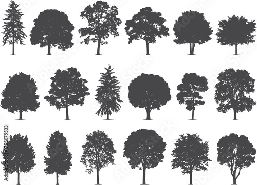 Group of 18 dark grey tree silhouettes featuring deciduous and coniferous varieties